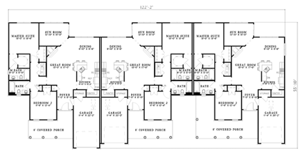Colonial, One-Story Multi-Family Plan 61277 with 6 Beds, 6 Baths, 3 Car Garage First Level Plan