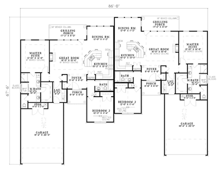 Traditional Multi-Family Plan 61279 with 4 Beds, 4 Baths, 4 Car Garage First Level Plan