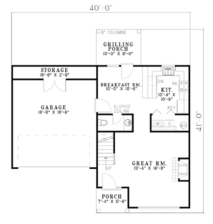Colonial, Narrow Lot House Plan 61283 with 3 Beds, 3 Baths, 2 Car Garage First Level Plan