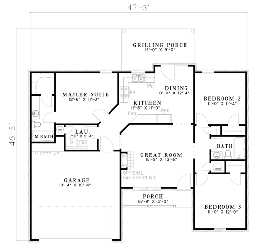 Colonial, One-Story House Plan 61284 with 3 Beds, 2 Baths, 2 Car Garage Level One
