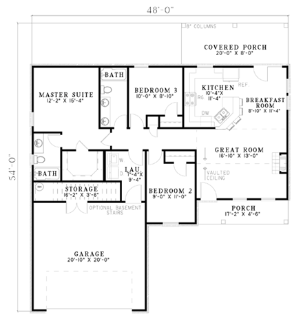 Colonial, One-Story House Plan 61285 with 3 Beds, 2 Baths, 2 Car Garage First Level Plan