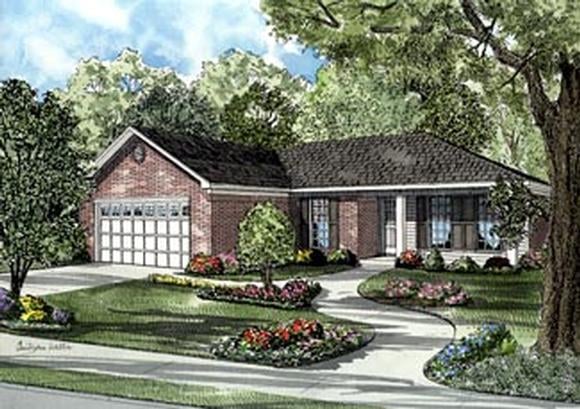 Colonial, One-Story House Plan 61285 with 3 Beds, 2 Baths, 2 Car Garage Elevation
