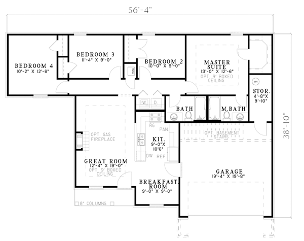Colonial, One-Story House Plan 61287 with 4 Beds, 2 Baths, 2 Car Garage Level One