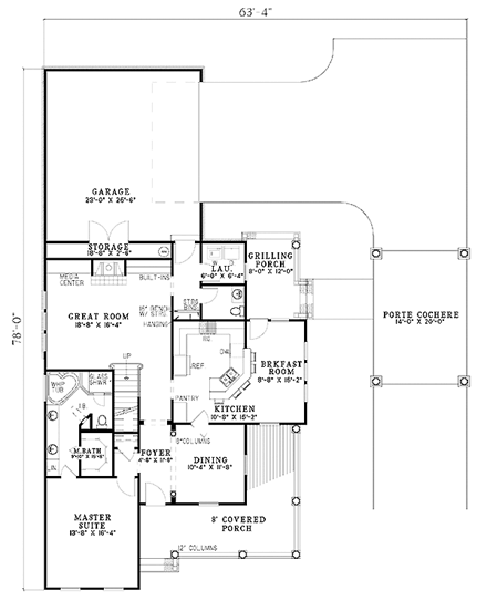 Colonial House Plan 61316 with 4 Beds, 3 Baths, 2 Car Garage First Level Plan