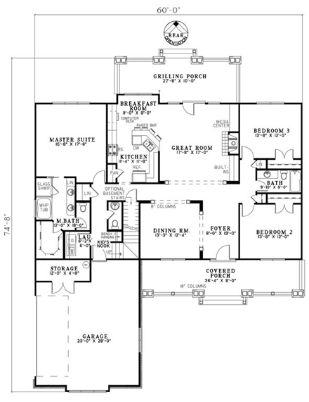 Country House Plan 61332 with 4 Beds, 4 Baths, 2 Car Garage First Level Plan