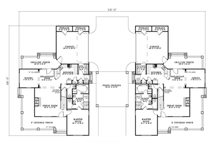 Traditional Multi-Family Plan 61334 with 10 Beds, 8 Baths, 4 Car Garage First Level Plan