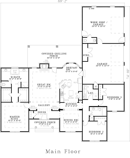 European, Traditional House Plan 61351 with 3 Beds, 3 Baths, 3 Car Garage First Level Plan