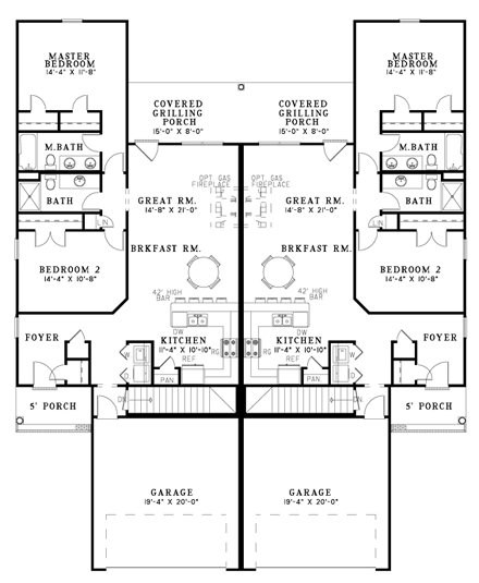 Country, One-Story, Traditional Multi-Family Plan 61368 with 2 Beds, 2 Baths, 2 Car Garage First Level Plan