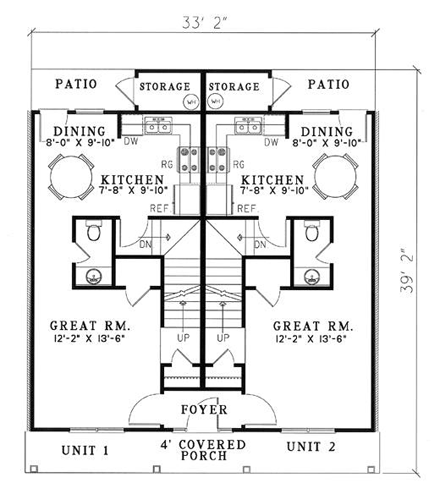 Southern, Traditional Multi-Family Plan 61370 with 4 Beds, 4 Baths First Level Plan