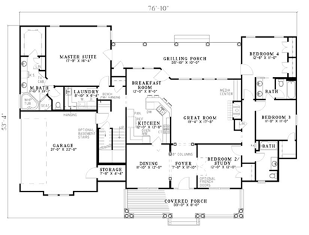 Country, Southern House Plan 61377 with 4 Beds, 3 Baths, 2 Car Garage First Level Plan