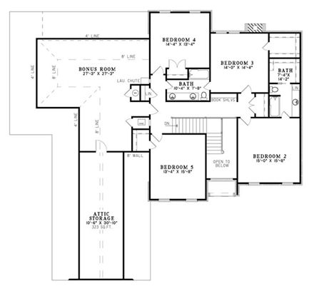House Plan 61383 with 5 Beds, 4 Baths, 3 Car Garage Second Level Plan