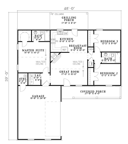 One-Story House Plan 61385 with 3 Beds, 2 Baths, 2 Car Garage First Level Plan