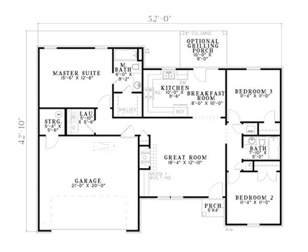 One-Story House Plan 61386 with 3 Beds, 2 Baths, 2 Car Garage First Level Plan