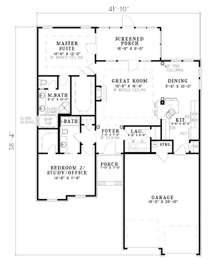 One-Story House Plan 61387 with 2 Beds, 2 Baths, 2 Car Garage First Level Plan