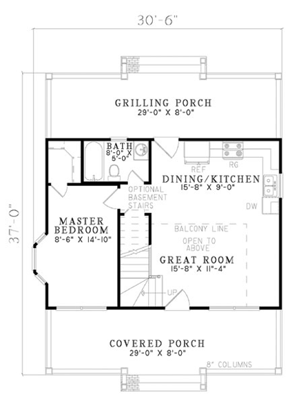 Cape Cod, Cottage, Country House Plan 61388 with 2 Beds, 1 Baths First Level Plan
