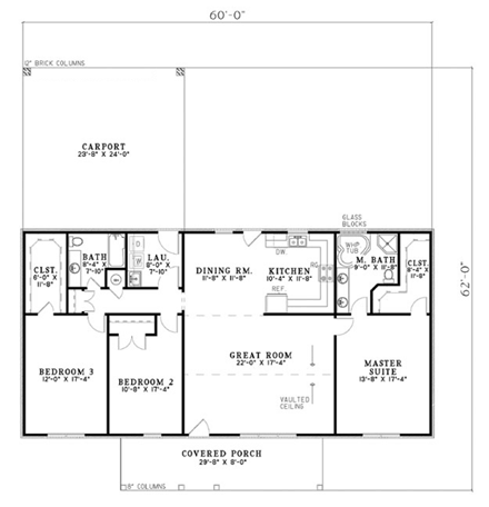 One-Story House Plan 61391 with 3 Beds, 2 Baths, 2 Car Garage First Level Plan