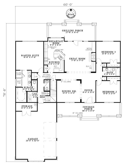 Craftsman House Plan 61395 with 4 Beds, 4 Baths, 2 Car Garage First Level Plan