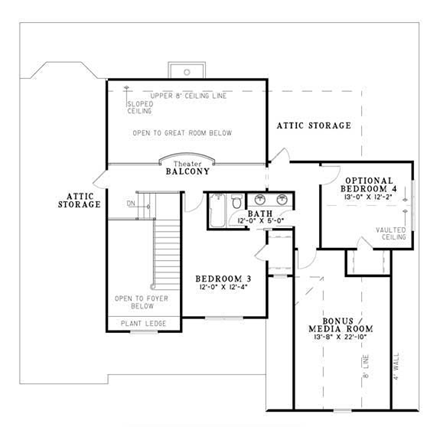 House Plan 61396 with 3 Beds, 3 Baths, 2 Car Garage Second Level Plan