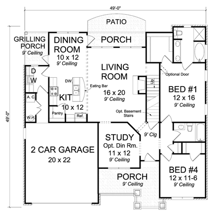 Cottage, Traditional House Plan 61422 with 4 Beds, 3 Baths, 2 Car Garage First Level Plan