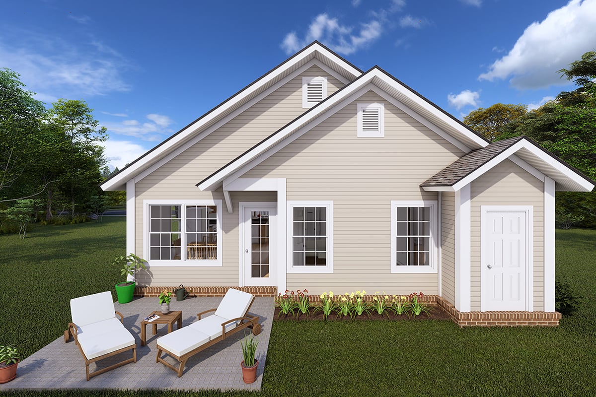 Cottage, Country, Southern, Traditional Plan with 1277 Sq. Ft., 3 Bedrooms, 2 Bathrooms Rear Elevation
