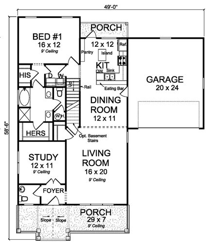Cottage, Craftsman, Traditional House Plan 61464 with 3 Beds, 3 Baths, 2 Car Garage First Level Plan