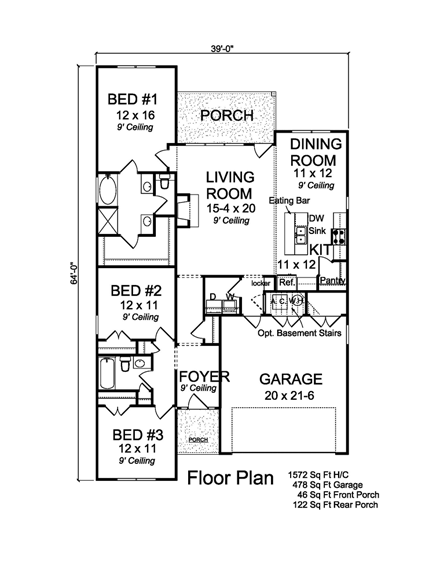 Cottage, Craftsman, Traditional House Plan 61466 with 3 Beds, 2 Baths, 2 Car Garage First Level Plan