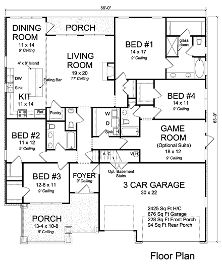 Bungalow, Cottage, Country, Traditional House Plan 61473 with 4 Beds, 4 Baths, 3 Car Garage First Level Plan