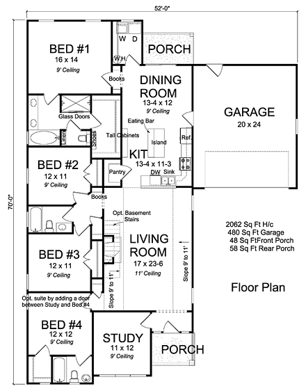 Cabin, Country House Plan 61478 with 4 Beds, 3 Baths, 2 Car Garage First Level Plan