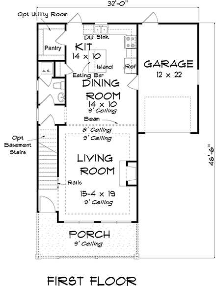 Cottage, Traditional House Plan 61484 with 2 Beds, 3 Baths, 1 Car Garage First Level Plan