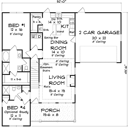 Cottage, Traditional House Plan 61485 with 4 Beds, 4 Baths, 2 Car Garage First Level Plan