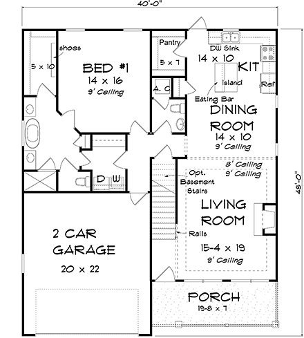 Cottage, Traditional House Plan 61488 with 4 Beds, 4 Baths, 2 Car Garage First Level Plan
