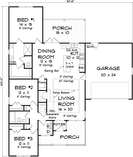 Cottage, Traditional House Plan 61493 with 3 Beds, 2 Baths, 2 Car Garage First Level Plan