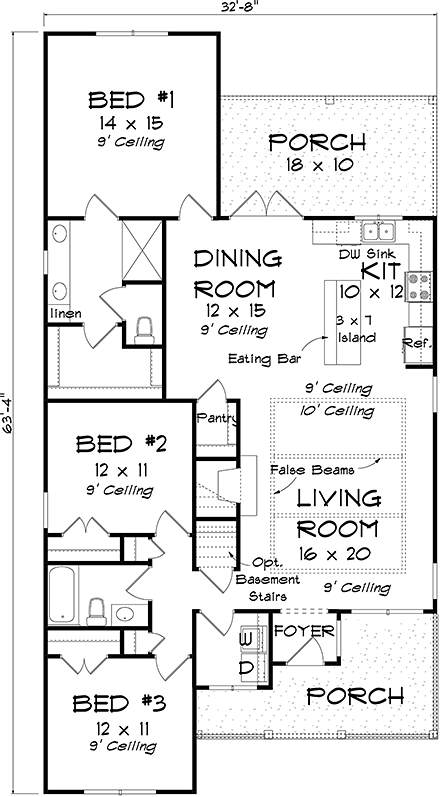 Cottage, Traditional House Plan 61494 with 3 Beds, 2 Baths First Level Plan