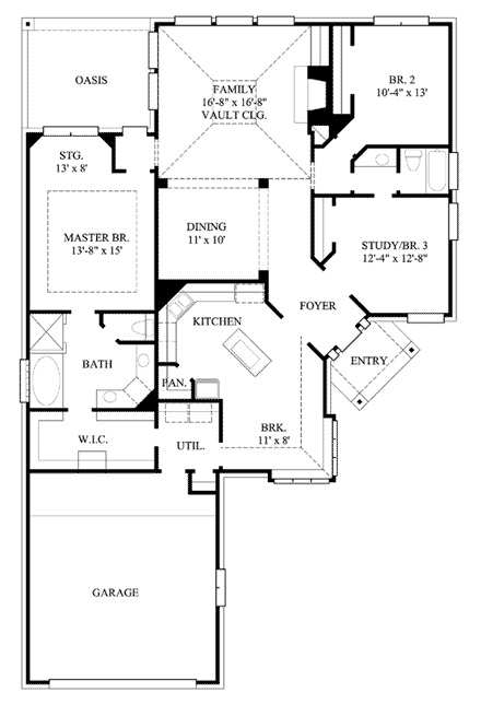 European House Plan 61504 with 3 Beds, 2 Baths, 2 Car Garage First Level Plan