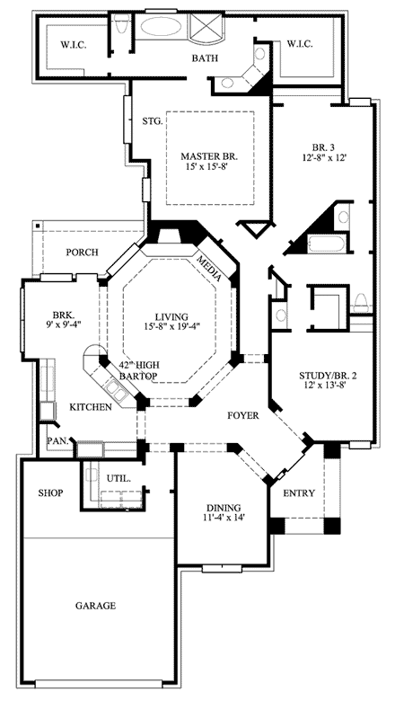 European House Plan 61507 with 3 Beds, 2 Baths, 2 Car Garage First Level Plan