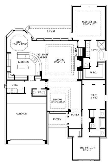 European House Plan 61508 with 3 Beds, 3 Baths, 2 Car Garage First Level Plan