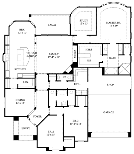 European House Plan 61523 with 3 Beds, 3 Baths, 2 Car Garage First Level Plan