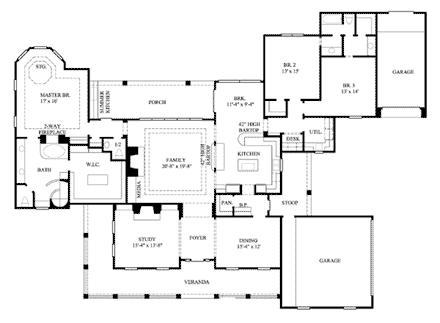 Country House Plan 61539 with 3 Beds, 3 Baths, 3 Car Garage First Level Plan