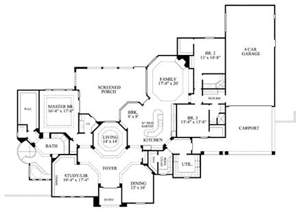 European House Plan 61630 with 3 Beds, 4 Baths, 4 Car Garage First Level Plan