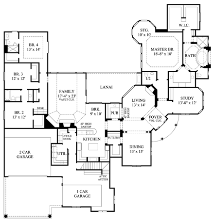 European House Plan 61659 with 4 Beds, 4 Baths, 2 Car Garage First Level Plan