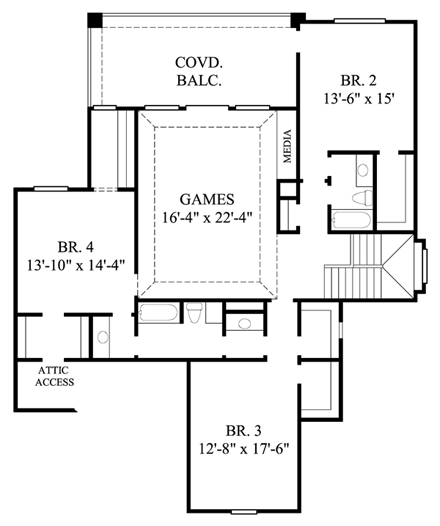 Mediterranean House Plan 61678 with 4 Beds, 4 Baths, 3 Car Garage Second Level Plan