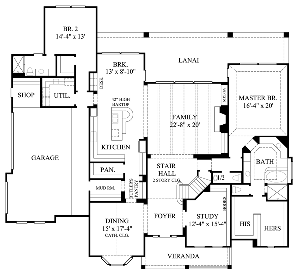 Tudor House Plan 61763 with 5 Beds, 6 Baths, 3 Car Garage Level One