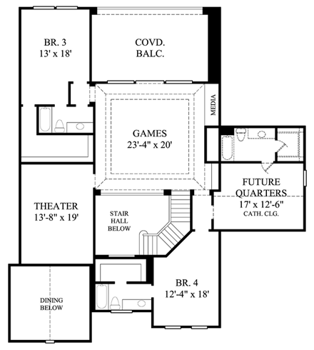 Tudor House Plan 61763 with 5 Beds, 6 Baths, 3 Car Garage Second Level Plan