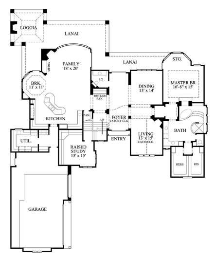 Tudor House Plan 61772 with 4 Beds, 5 Baths, 3 Car Garage First Level Plan