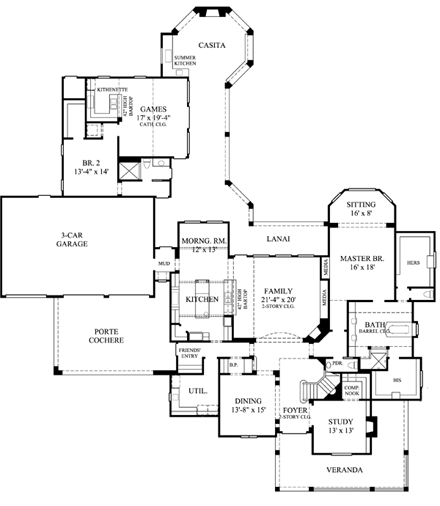 European House Plan 61833 with 4 Beds, 5 Baths, 3 Car Garage First Level Plan