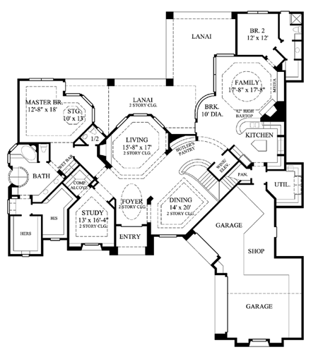 European House Plan 61849 with 5 Beds, 6 Baths, 3 Car Garage First Level Plan
