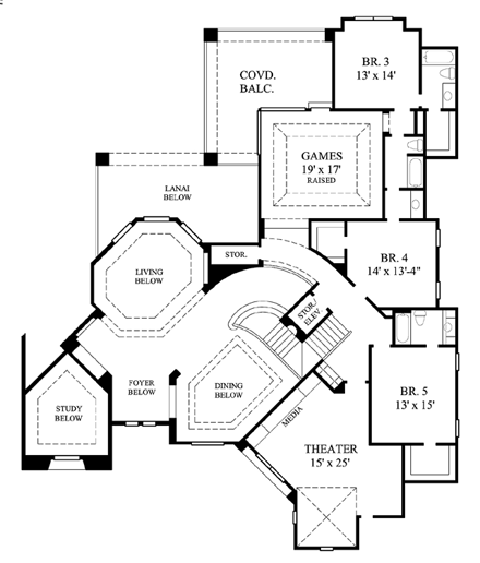 European House Plan 61849 with 5 Beds, 6 Baths, 3 Car Garage Second Level Plan