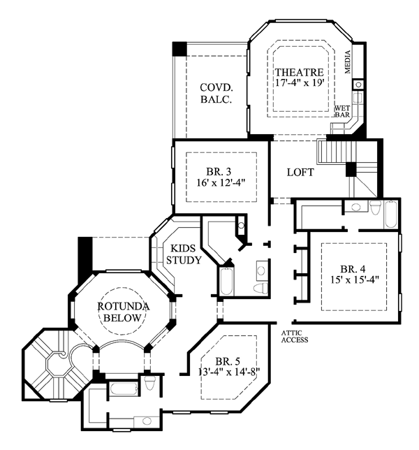 Tudor House Plan 61859 with 5 Beds, 6 Baths, 3 Car Garage Level Two