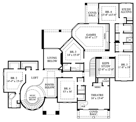 Mediterranean House Plan 61871 with 6 Beds, 7 Baths, 3 Car Garage Second Level Plan