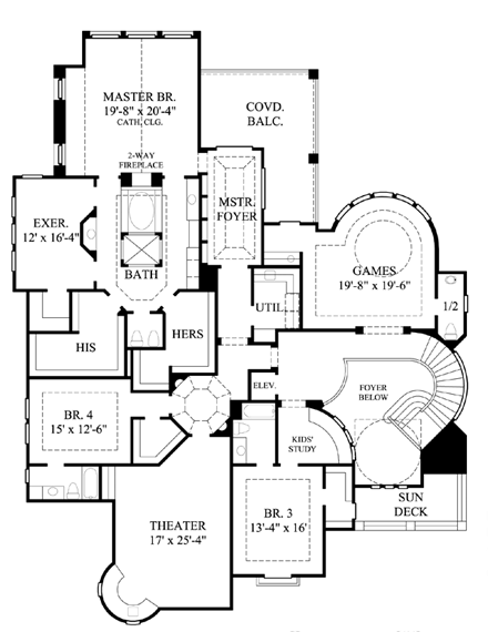 Mediterranean House Plan 61886 with 4 Beds, 6 Baths, 4 Car Garage Second Level Plan